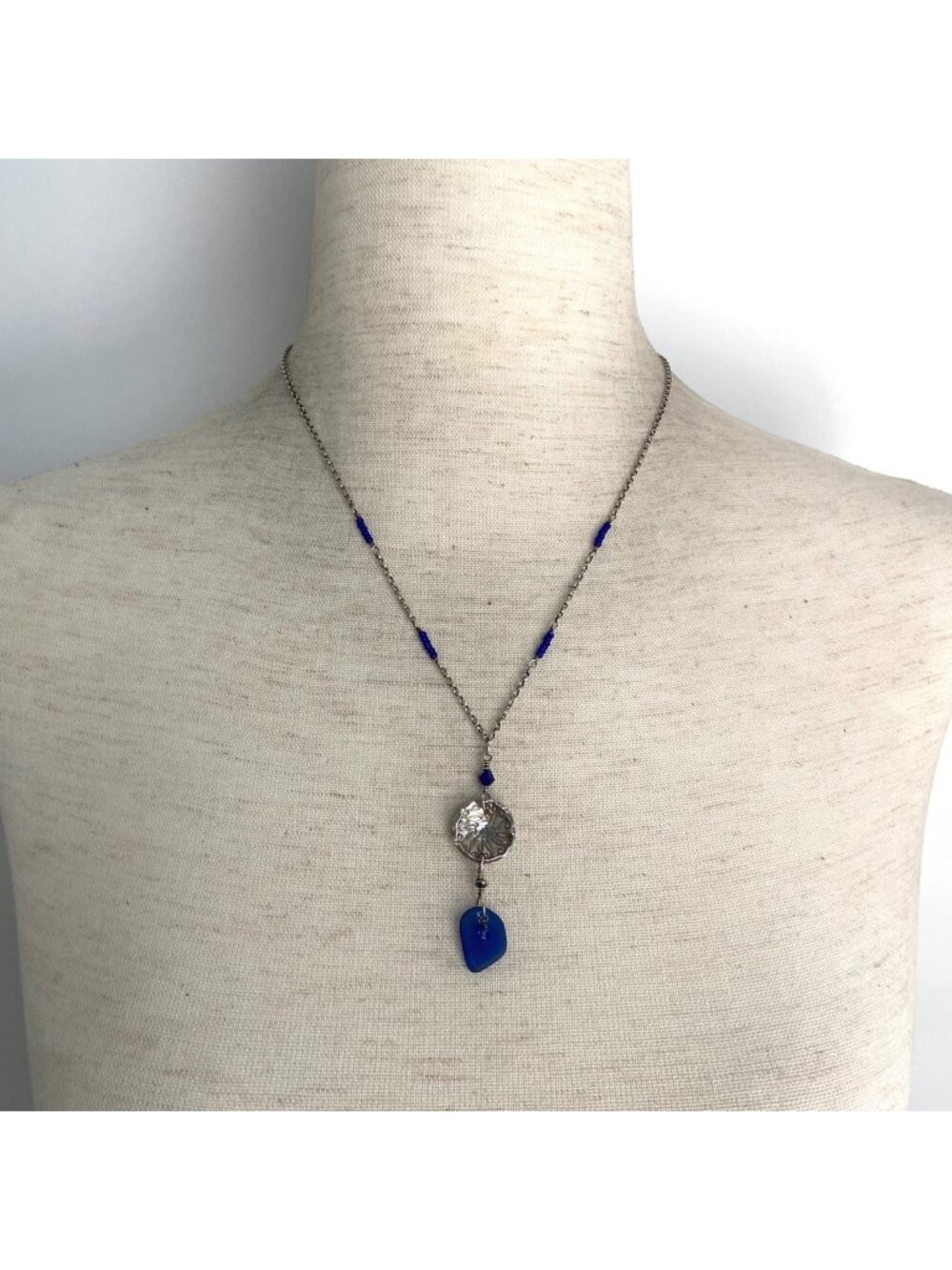 Sterling Silver 925 Blue Sea Glass Sunflower Beaded Rolo Chain Y Necklace 19"